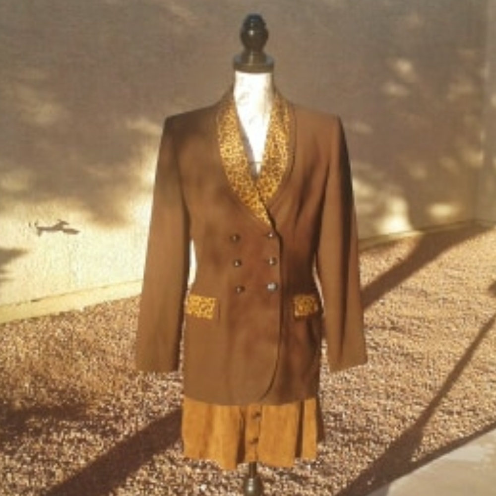 EUC Tailored Double-Breasted Jacket Leopard Trim